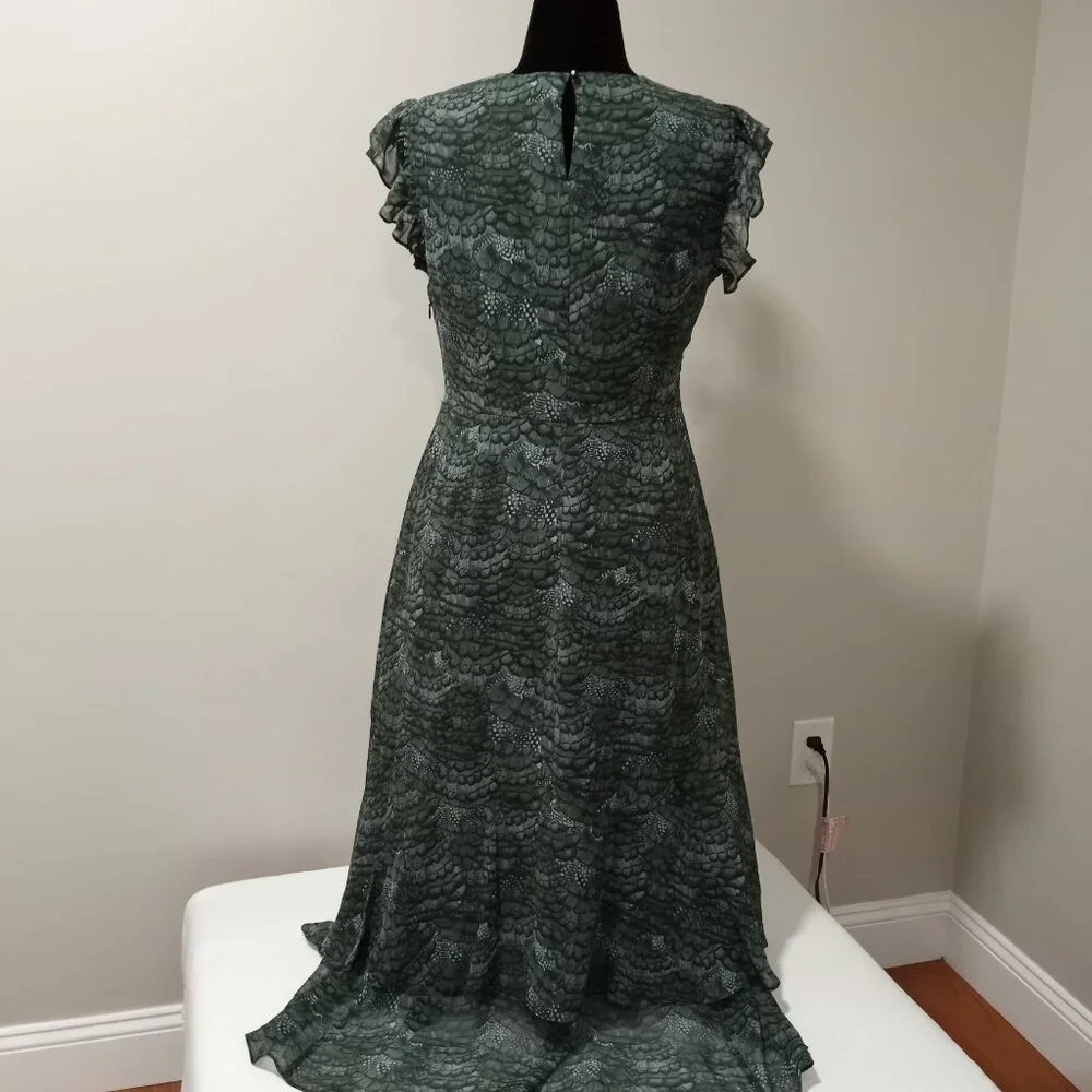 Feather Printed Midi Flounce Dress - Feather Bottle Green Women Size 40 - Picture 3 of 8